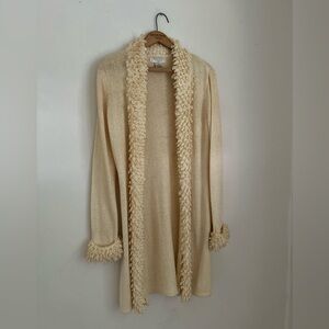 Butter yellow vintage boucle fringe open front long cardigan